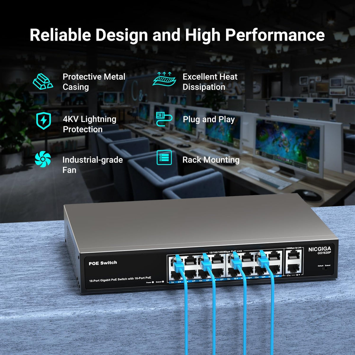 NICGIGA 18 Port PoE+@250W Switch - 16 Ports, 2 Gigabit Uplink, VLAN Mode, RackMount, Plug and Play