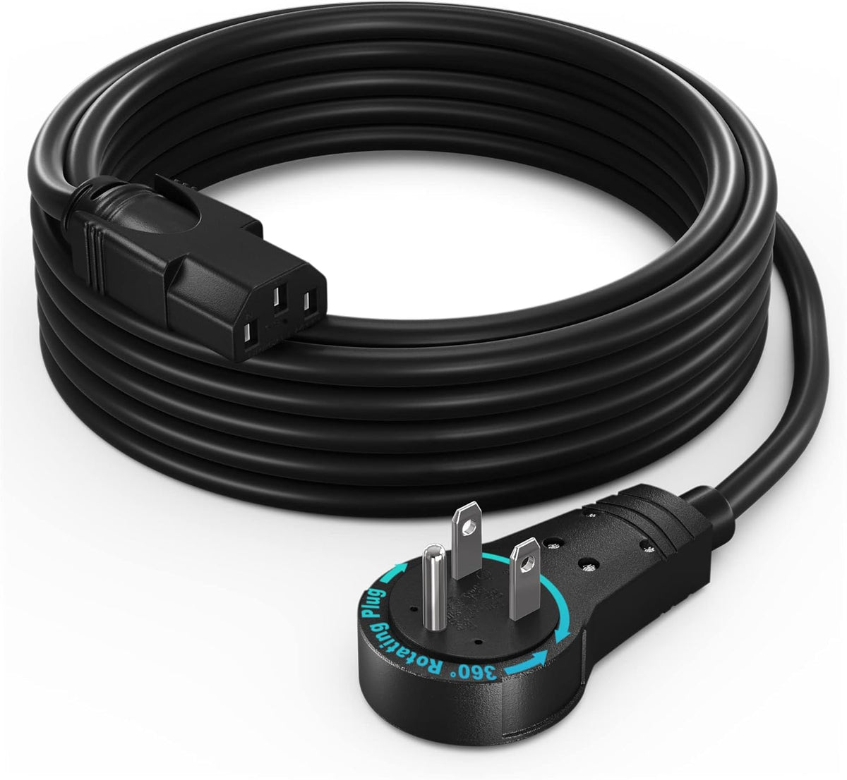 Maximm Monitor Computer Power Cord 10 Ft Flat Plug 360° Rotating PC Cable 3 Prong for, Desktop, Printer, Scanner, 16 AWG NEMA 5-15P to IEC13 - UL Certified