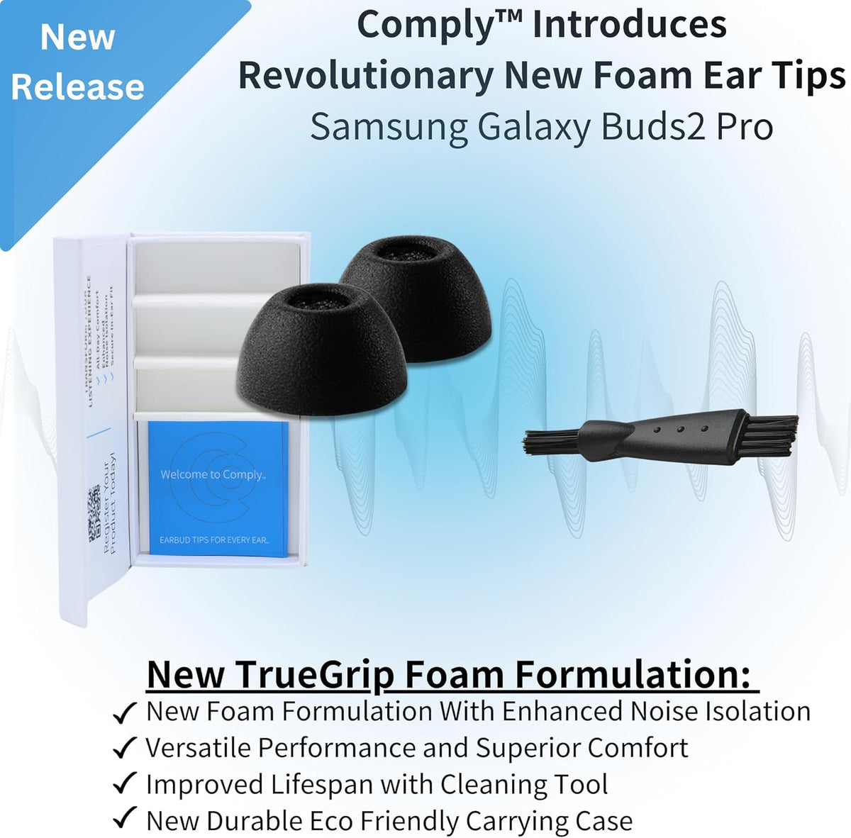 Comply TrueGrip | Premium Memory Foam Replacement Earbud Tips for Samsung Galaxy Buds2 Pro | Enhanced Comfort, Secure Fit, Superior Noise Isolation, Cleaning Tool | Black, Medium (3 Pairs)