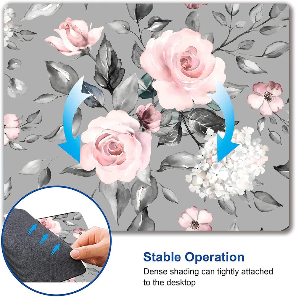 Mouse Pad, Gray Pink Roses Floral Flower Leaves Mouse Pad Rectangle Custom Designs, Waterproof Anti-Slip Rubber Mousepad Office Accessories Desk Decor Wireless Mouse Pads for Computers Laptop