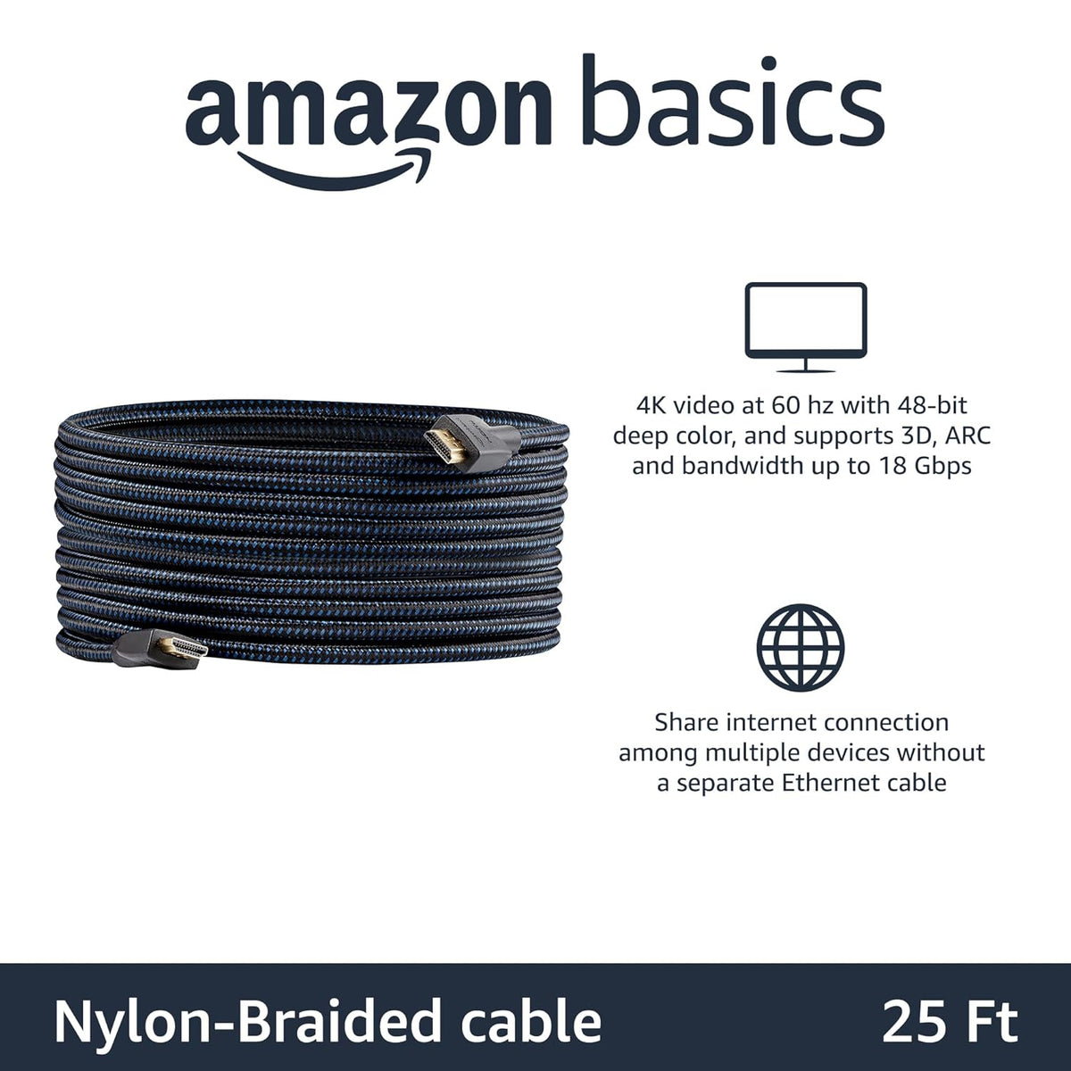 2.0 25ft, 4K@60Hz, 18Gbps, 2160p, 48 TV/PS5/Xbox/Roku/Blu-ray, Amazon Basics Nylon-Braided HDMI Cable, bit, Compatible