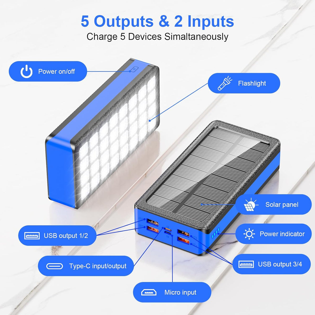 Solar Charger Power Bank 66800mAh Portable Charger with USB-C in/Output 22.5W QC3.0 Fast Charging 5 Out Ports Battery Pack Built-in 32 Led Flashlights for iPhone Samsung Tablet Camping