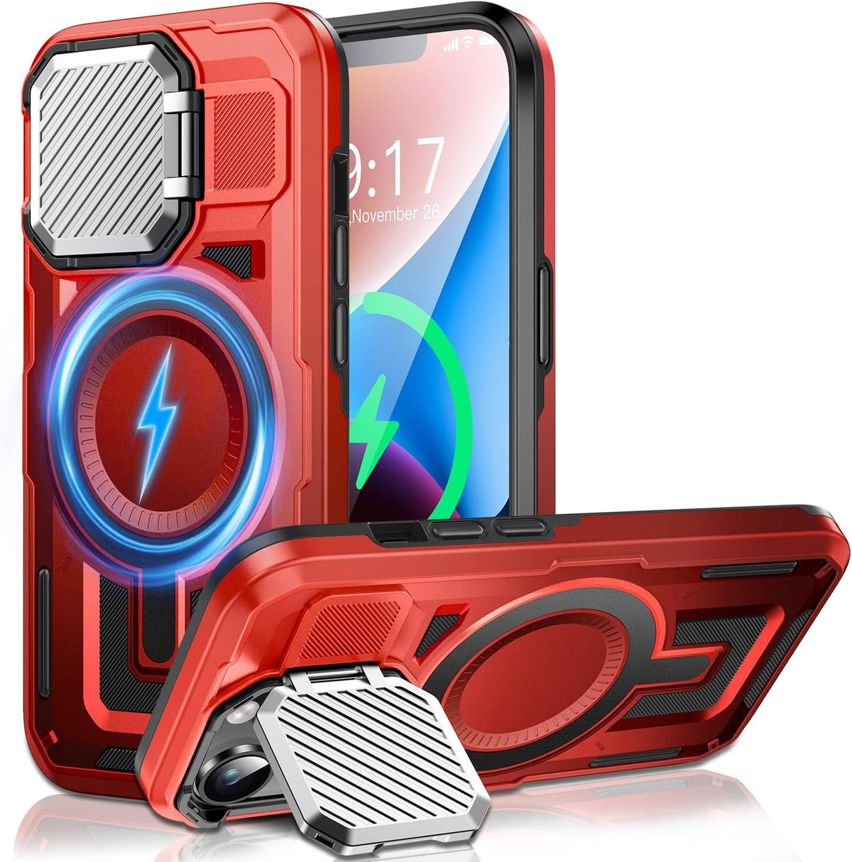 Camera Stand Case for iPhone 13/14, [Compatible with MagSafe] [Lens Cover] 2024 Version Military Grade Protective Soft Case for iPhone 13/14 6.1 inch Men Women, Red