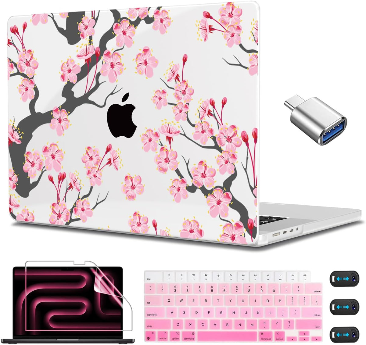 CISSOOK Cherry Blossoms Hard Shell Case for MacBook Pro 14 inch M4 A3112 A3185 A3401 M3 A2992 A2918 M2 A2779 M1 A2442 2021-2024, Cherry Floral Cover with Keyboard Cover for 2021 2024 M1-M4 Pro 14.2”