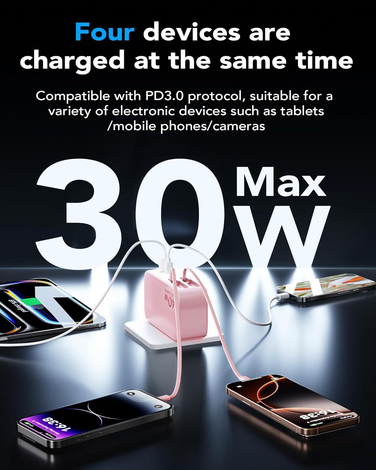 4-in-1 Retractable Gan Wall Charger Plug,Travel Essentials Brick Multiport USB Ports,3ft Lightening and Type c Cables,40W Multi Fast Charging Foldable Block for iPhone 16/15/14/13,iPad,Galaxy,Pixel