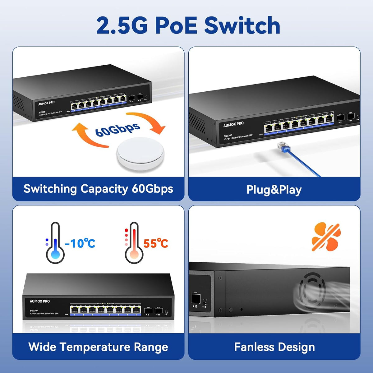 Upgrade 10 Port 2.5G PoE Switch,AUMOX PRO 8 Port 2.5G Network Unmanaged Switch with 2x10G SFP Gigabit Ethernet Unmanaged PoE Switch 120W,Compatible with 100/1000/2500Mbps for AP, NAS, PC Plug and Play