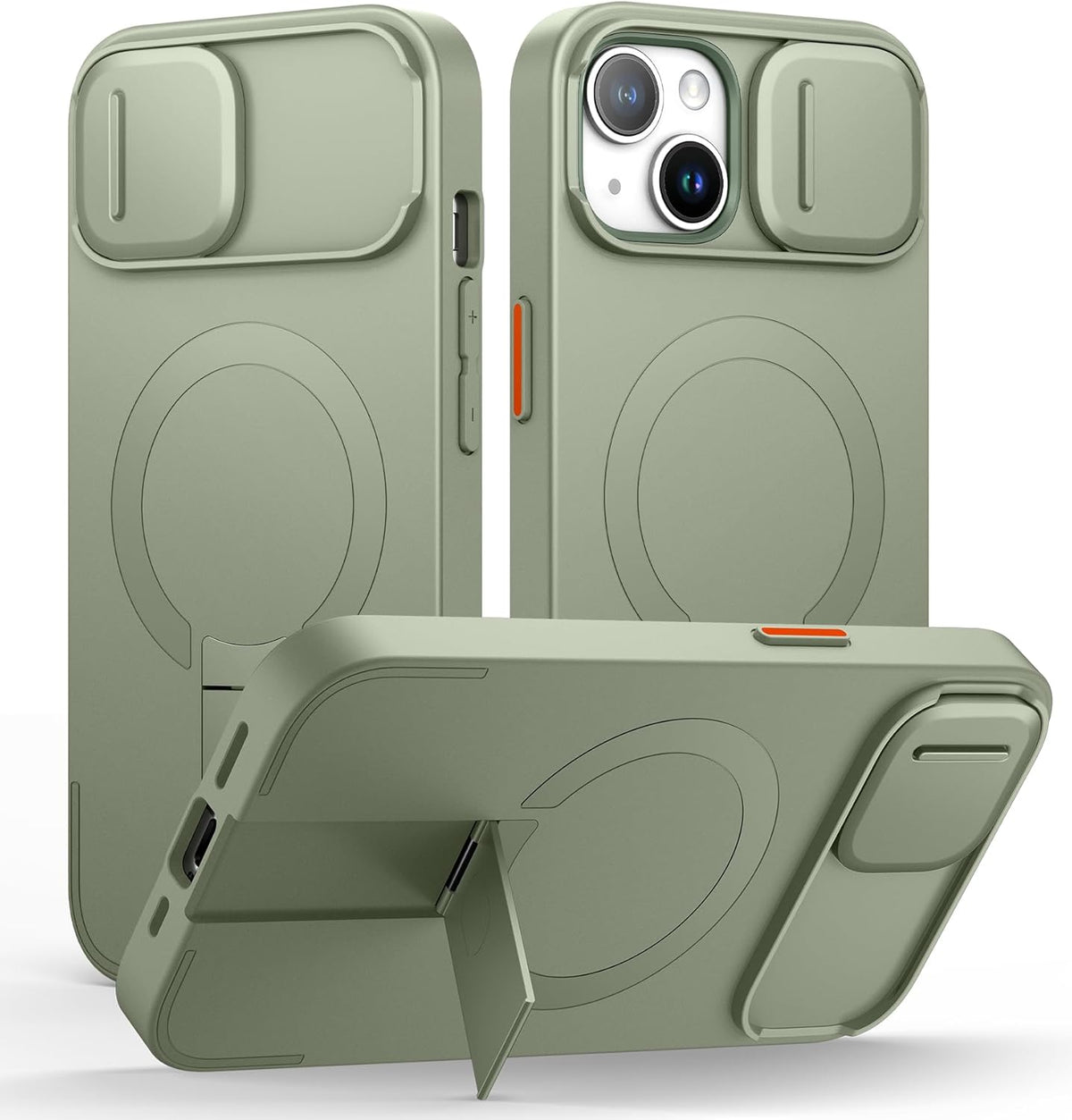 SURITCH for iPhone 15 Case with Magnetic Camera Slide Cover and Adjustable Kickstand, Compatible with MagSafe, Shockproof Bumper Case Slim Protective Cover 6.1 Inch, Green