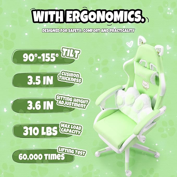 Gaming Chairs for Girls Ergonomic Cute Cat Gaming Chair with Paw Lumbar Cushion High Back Computer Desk Chair Height Adjustable Swivel Video Game Chair Gifts Suitable for Girls and Ladies