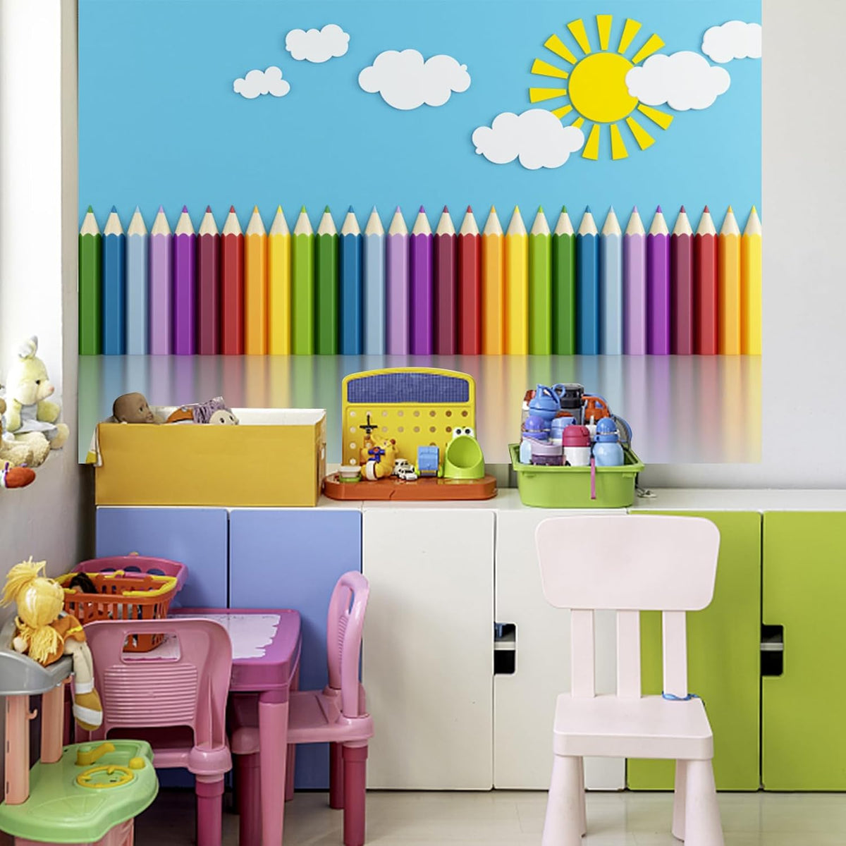 Baocicco 10x8ft Vinyl Backdrop Children's Room Interior Decor Photography Background Crayon Sun Clouds Blue Background
