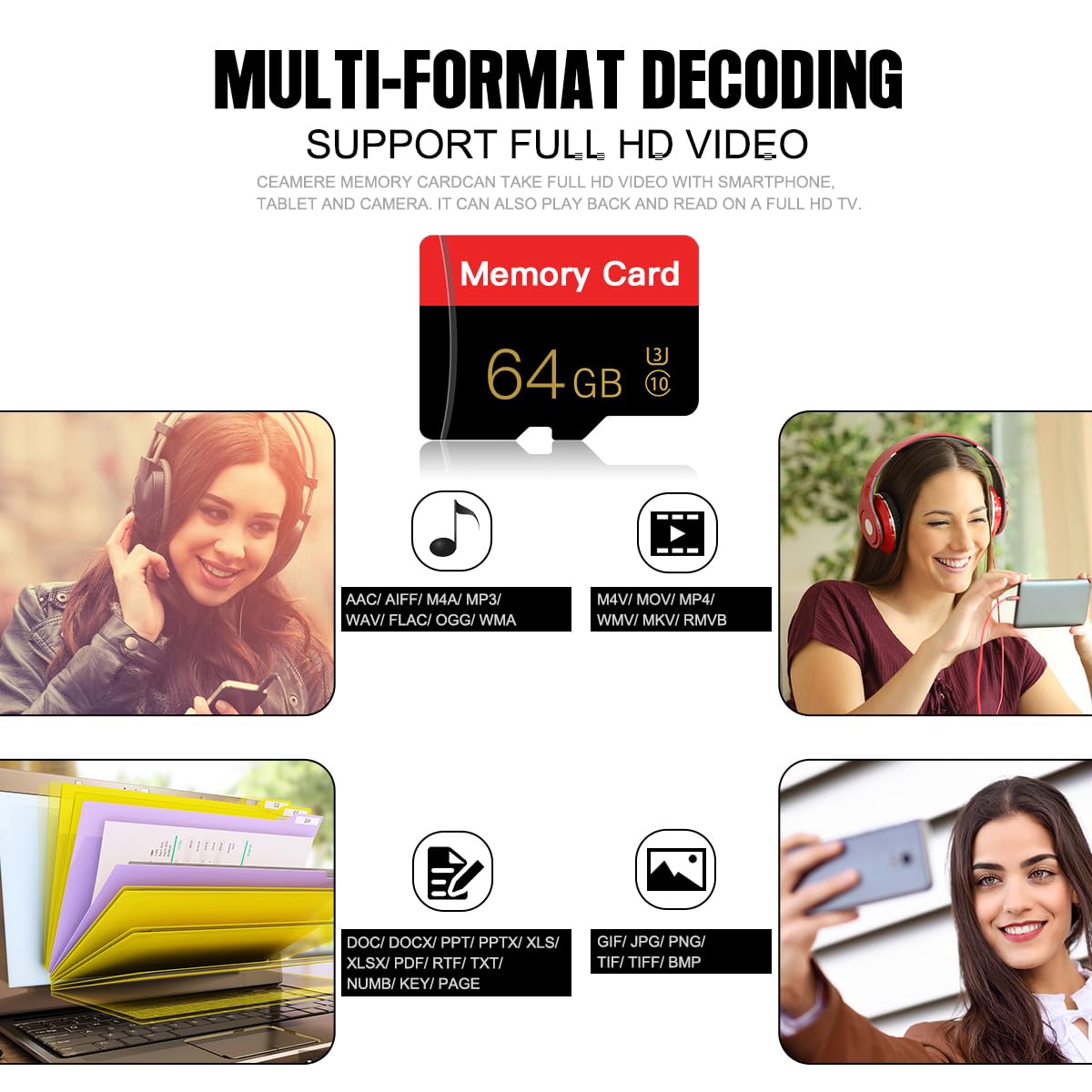 2 Pack Micro Memory Card 64 GB with Adapter, C10/U3/UHS-I/A1, TransFlash Card, TF Card for Camera, Smartphone, Tablet, Drone (Red 64GB *2)