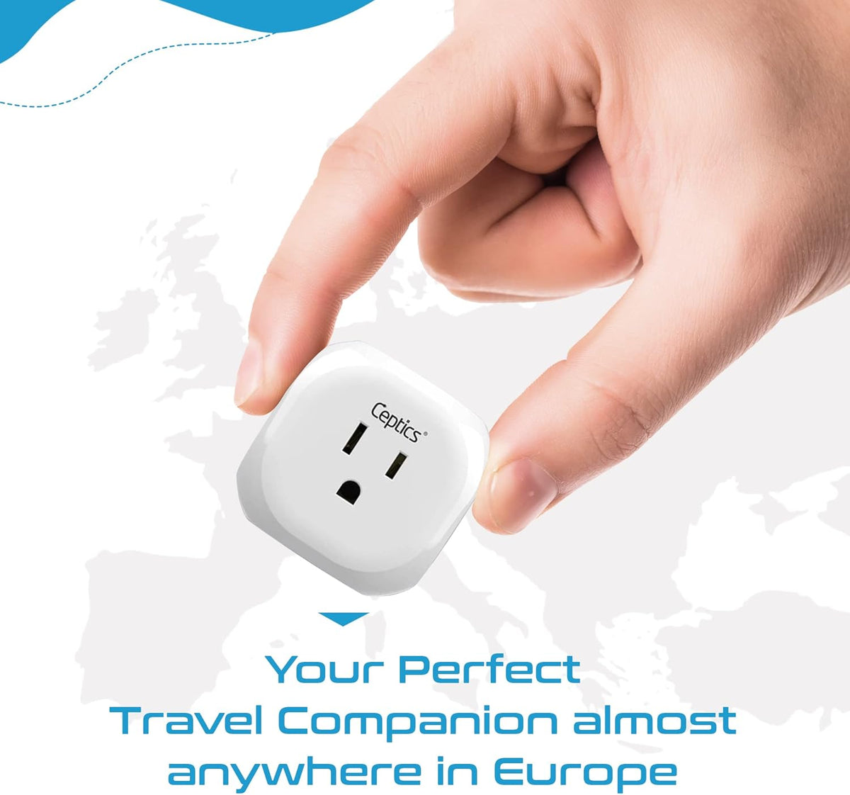 Ceptics European Schuko Travel Plug Adapter Germany France Adapter Charger 4 Input - USA to Any Type E/F Countries Such as Germany, France and More - 2 Pack (PT-9), White