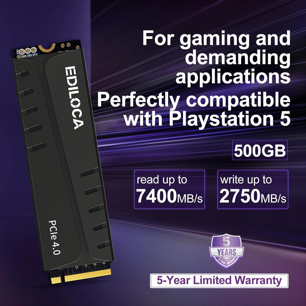 500GB PS5 SSD with Heatsink PCIe Gen4 NVMe M.2 Gaming SSD, 7400MB/s Read, 1GB DRAM Cache, 3D TLC | Internal Solid State Drive Compatible with PS5 & PC(EN855)