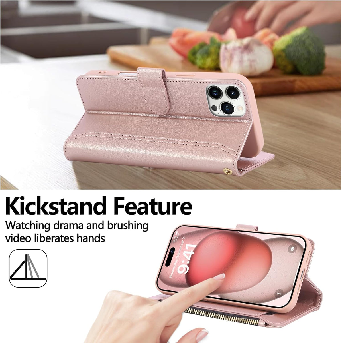 Compatible with iPhone 15 Pro Wallet Phone Case-PU Leather Magnetic Flip Cover with Credit Card Slots,Zipper Pocket & Detachable Wrist Strap,Shockproof Design,for Women and Men-Pink