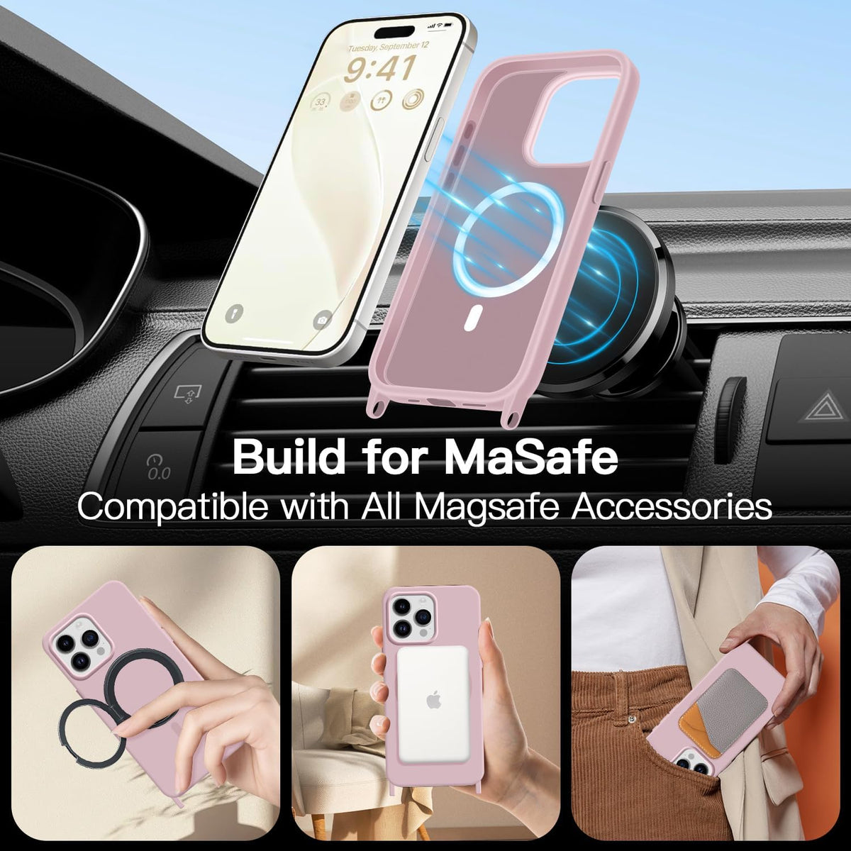 for iPhone 15 Pro Case with Lanyard [Compatible with MagSafe], Crossbody Phone Case with Neck Strap Adjustable, Magnetic Phone Cover for iPhone 15 Pro 6.1'' Pink