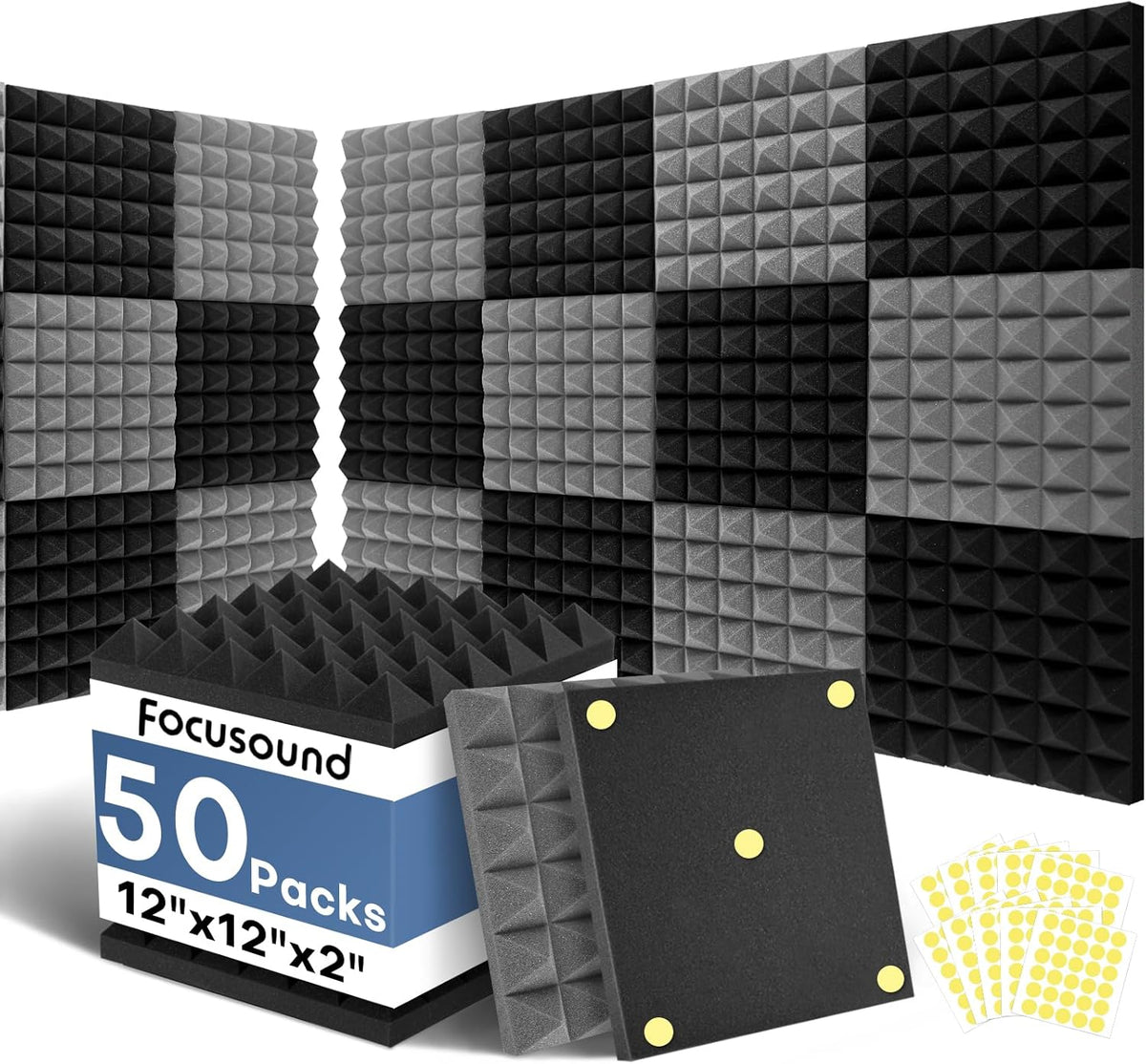 Focusound Black Grey Acoustic Panels 50 Pack 2"x12"x12" with 300 PCS Double-Side Adhesive - Sound Proof Pyramid Foam for Walls, Home Studio Noise Absorption & Echo Control Kit