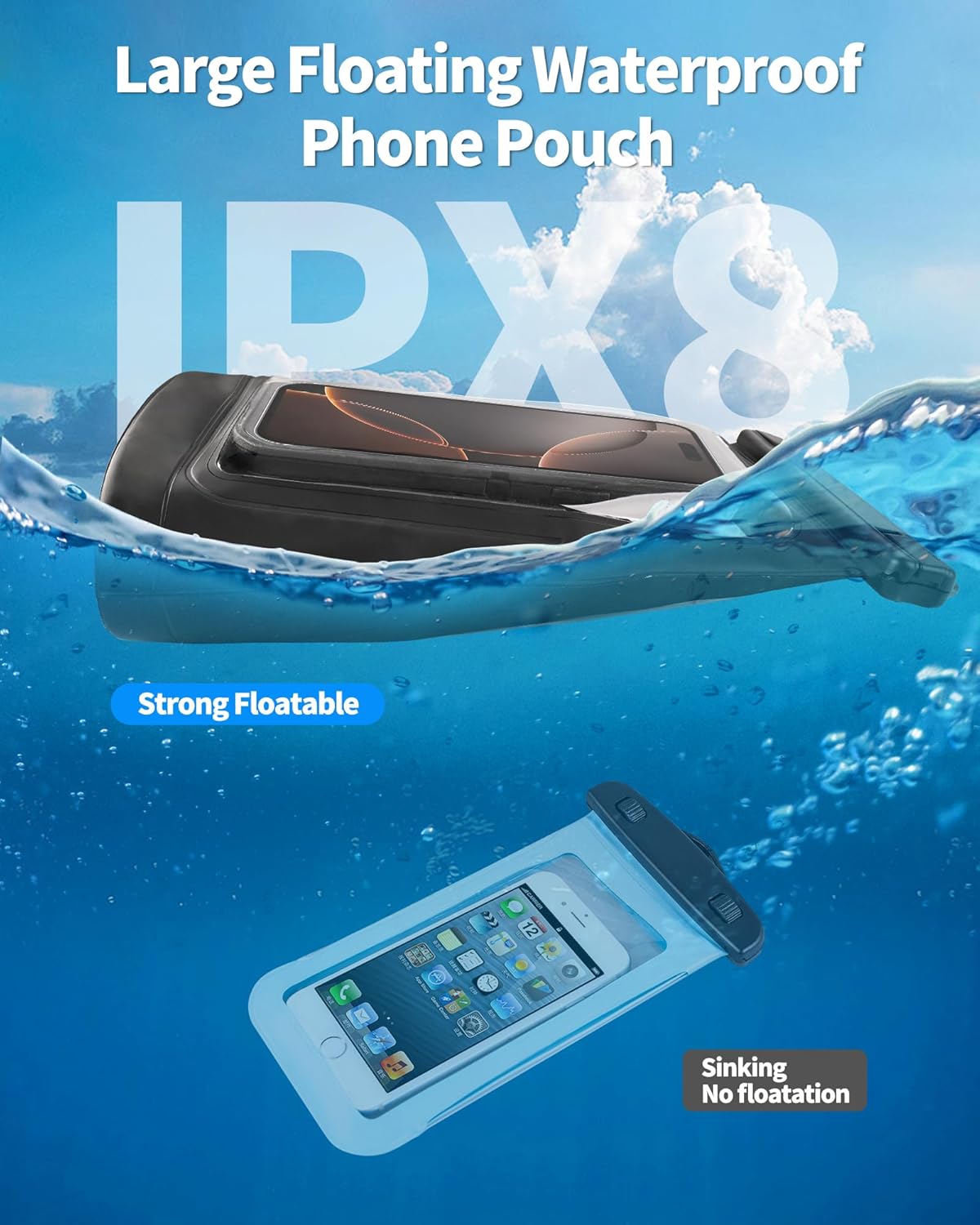 Large Waterproof Phone Pouch - [Oversized] [Floating] Water Proof Pouch for iPhone Galaxy Google and More, IPX8 Waterproof Dry Bag for Beach Vacation Belongings Clear Black