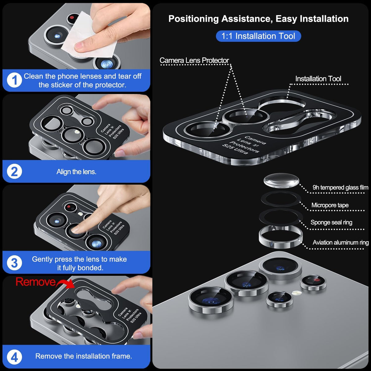WSKEN for Samsung Galaxy S25 Ultra Camera Lens Protector - Ultra Thin Case Friendly, 9H Shatterproof Tempered Glass with Aluminum Metal Circle Camera Screen Protector Cover Accessories, Silver