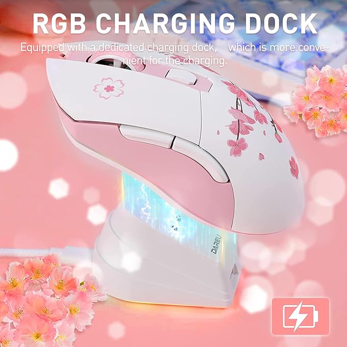 DAREU Sakura Pink Wireless Gaming Mouse with Charging Dock Rechargeable RGB12K DPI6 Programmable Buttons High-Precision Sensor [300IPS] [1000Hz] for PC Notebook Mac