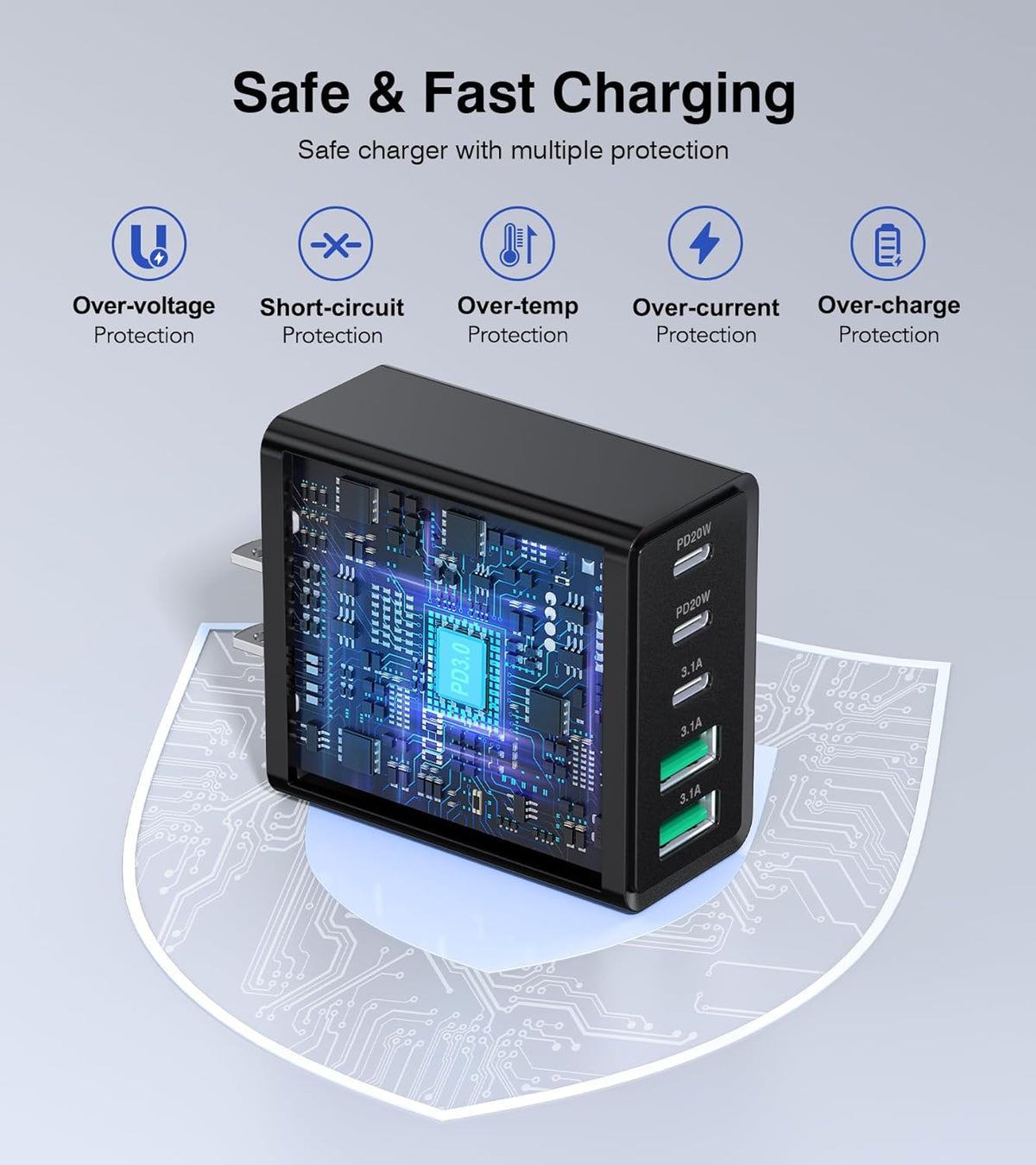 [2-Pack] USB C Wall Charger, 50W Type C Charger Block 5-Port Fast Charging Blocks,3USB C+2USB A Multiport Plug,PD Power Adapter Brick Cube for iPhone 16/15/14/13/12/Pro,iPad,Samsung,for Switch（Black）