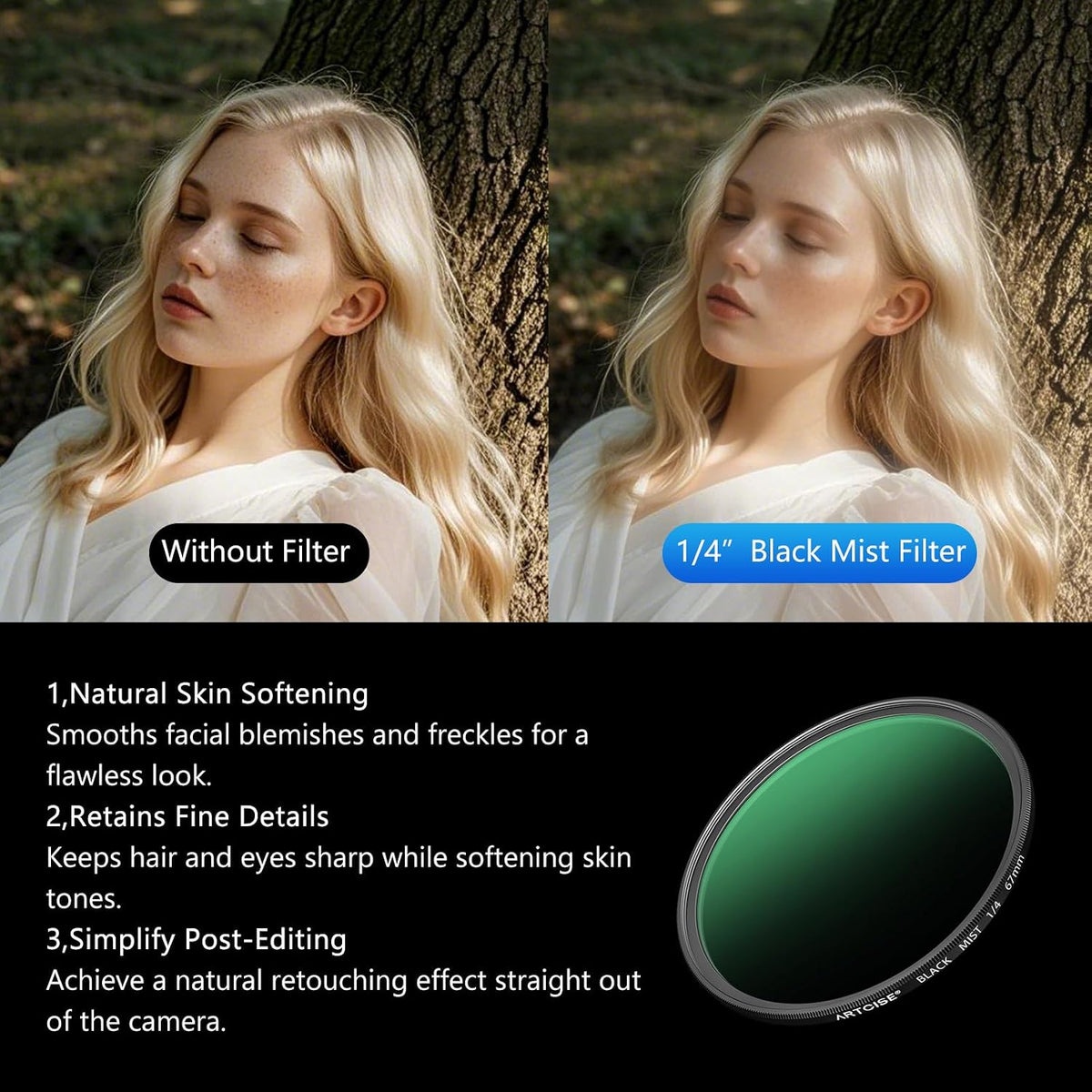 ARTCISE 1/4 67mm (37mm) Black Mist Filter - HD Optical Glass Filter for Cinematic Glow, Reduces Harsh Highlights