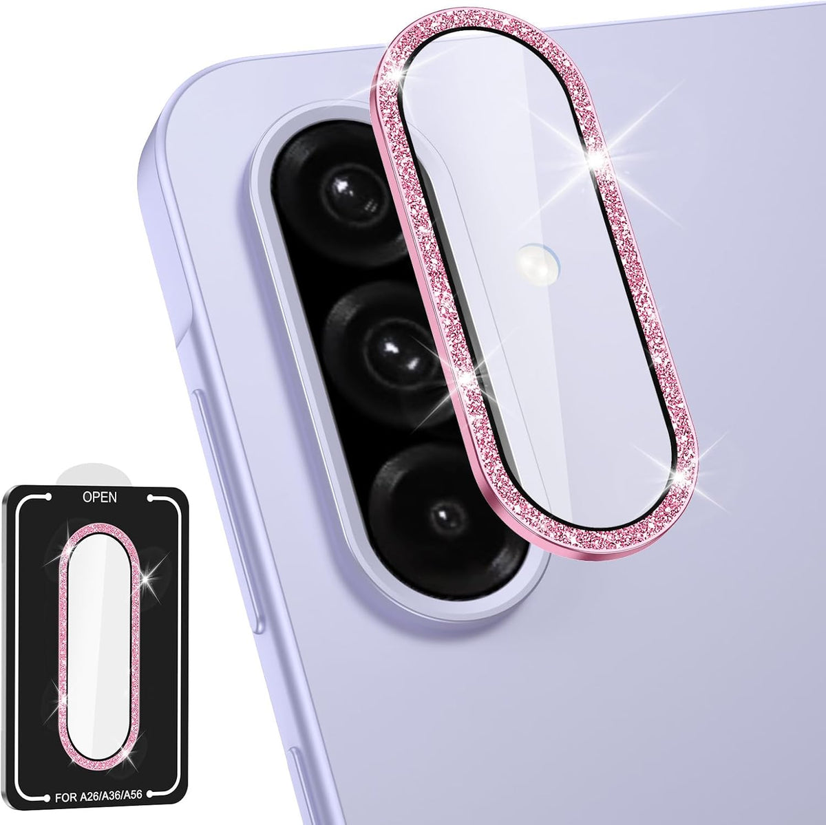 for Samsung Galaxy A26/A36/A56 Camera Lens Protector, Individual Metal Ring Tempered Glass Lens Cover, [Strong Adsorption] Scratch Resistant Ultra-Thin HD Clear Lens Cover, 1 Set-Pink