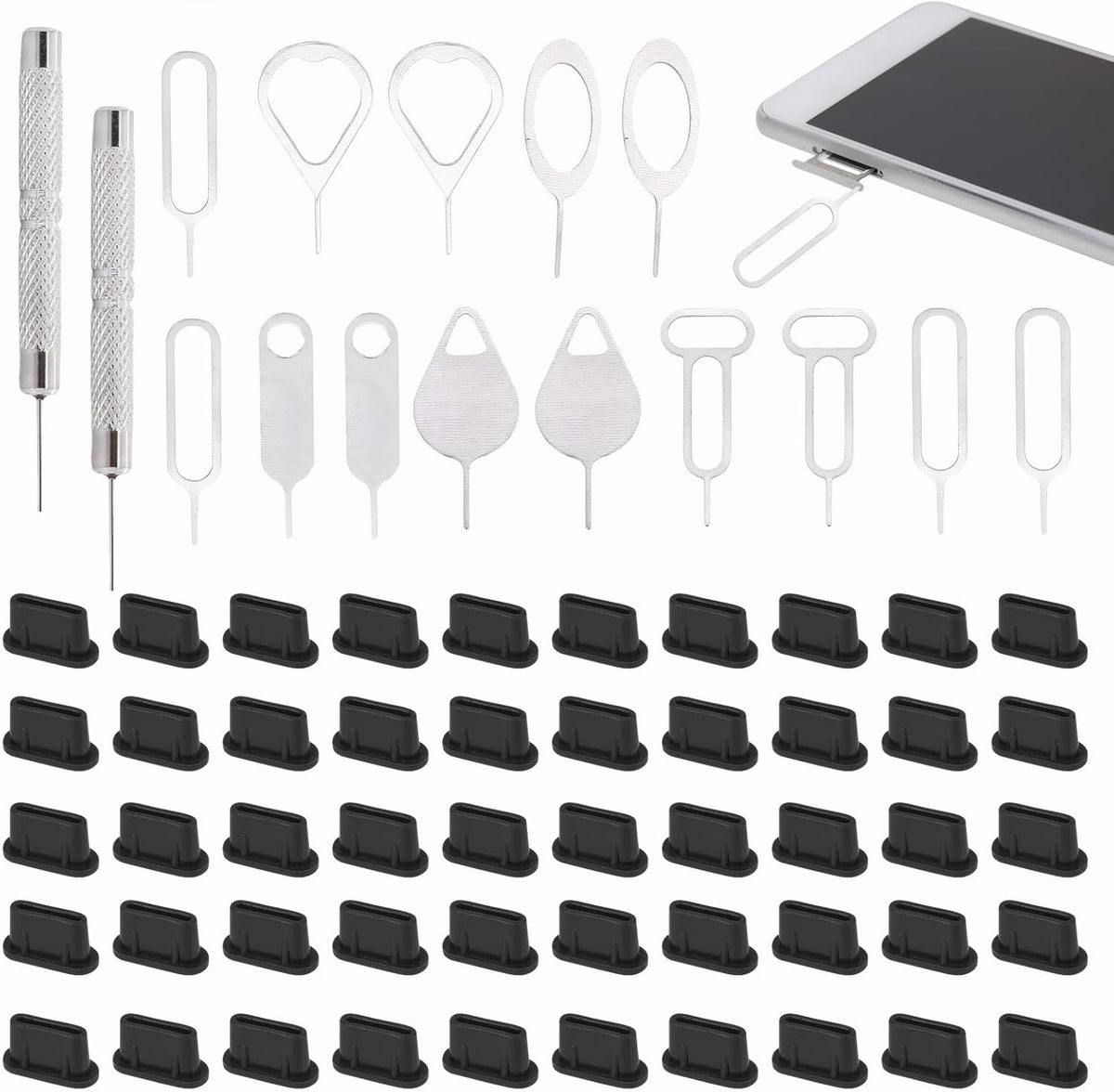 16 PCS Sim Card Removal Tool, Sim Ejector Tool, Comes with 50 Pieces of Mobile Phone Dust Plugs Type-C Data Plugs, Small and Portable, Available for All Mobile Phones