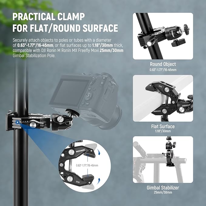 NEEWER ST87 Super Clamp Camera Mount with 360° Ball Head, Phone Holder, Cold Shoe, Action Camera Adapter for Bike Handlebar Pole Desk, Compatible with DJI Osmo Pocket 4 3 Xtra Muse GoPro Hero iPhone
