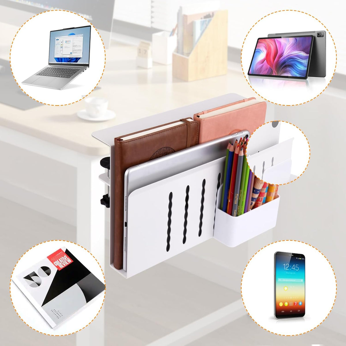 Desk Side Storage, Under Desk Laptop Mount, Table Side Hanging File Organizer, No Drill Clamp On Cable Management Tray