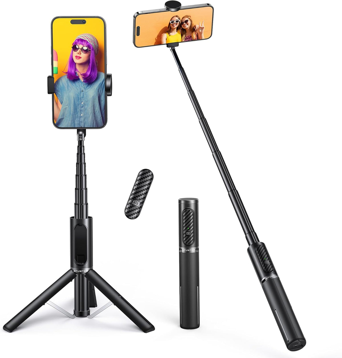 ATUMTEK Selfie Stick Tripod, Extendable 3 in 1 Aluminum Bluetooth Selfie Stick with Wireless Remote and Tripod Stand for iPhone 16/15/14/13/12/11/11 Pro/XS Max/XS/XR/X/8/7, Samsung Smartphones, Black