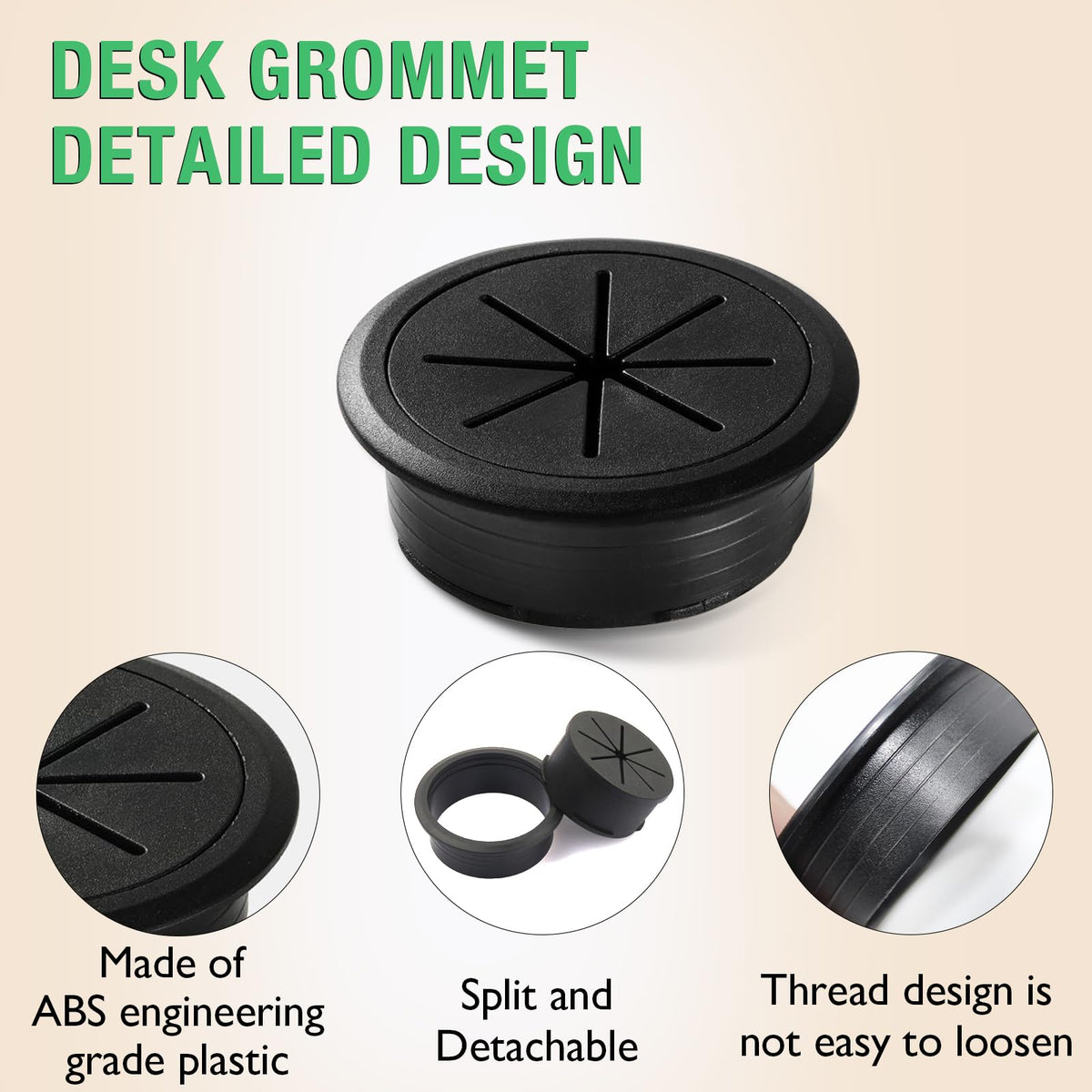 EASYEAH 2 Pcs Desk Grommet 2-1/16" / 53 mm, Desk Hole Cover for Cables Beige, Cable Grommet ABS Plastic, Desk Hole Grommet for Home & Office Pc, Detachable Cable Cord Organizer