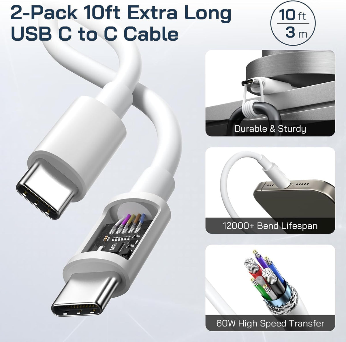 iPhone 16/15 Charger Fast Charging, 2Pack 10FT Long USB C to C Apple Fast Charging Cable Cord with 20W PD USB C Fast Charger Block for iPhone 16/15/15 Pro/15 Pro Max/15 Plus, iPad 12.9/11/10.9/Air 5/4