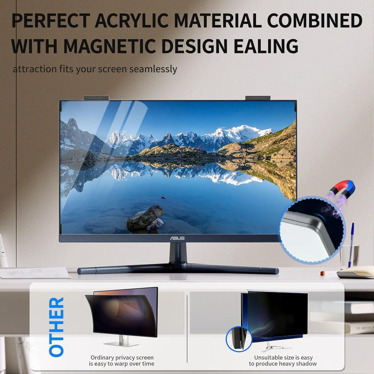 Magnetic Computer Privacy Screen 23.6 inch, Hanging Privacy Screen for Computer Monitor for 16:9 Frameless Monitor, Acrylic Eye Protection Anti Glare Blue Light Computer Screen Privacy Filter