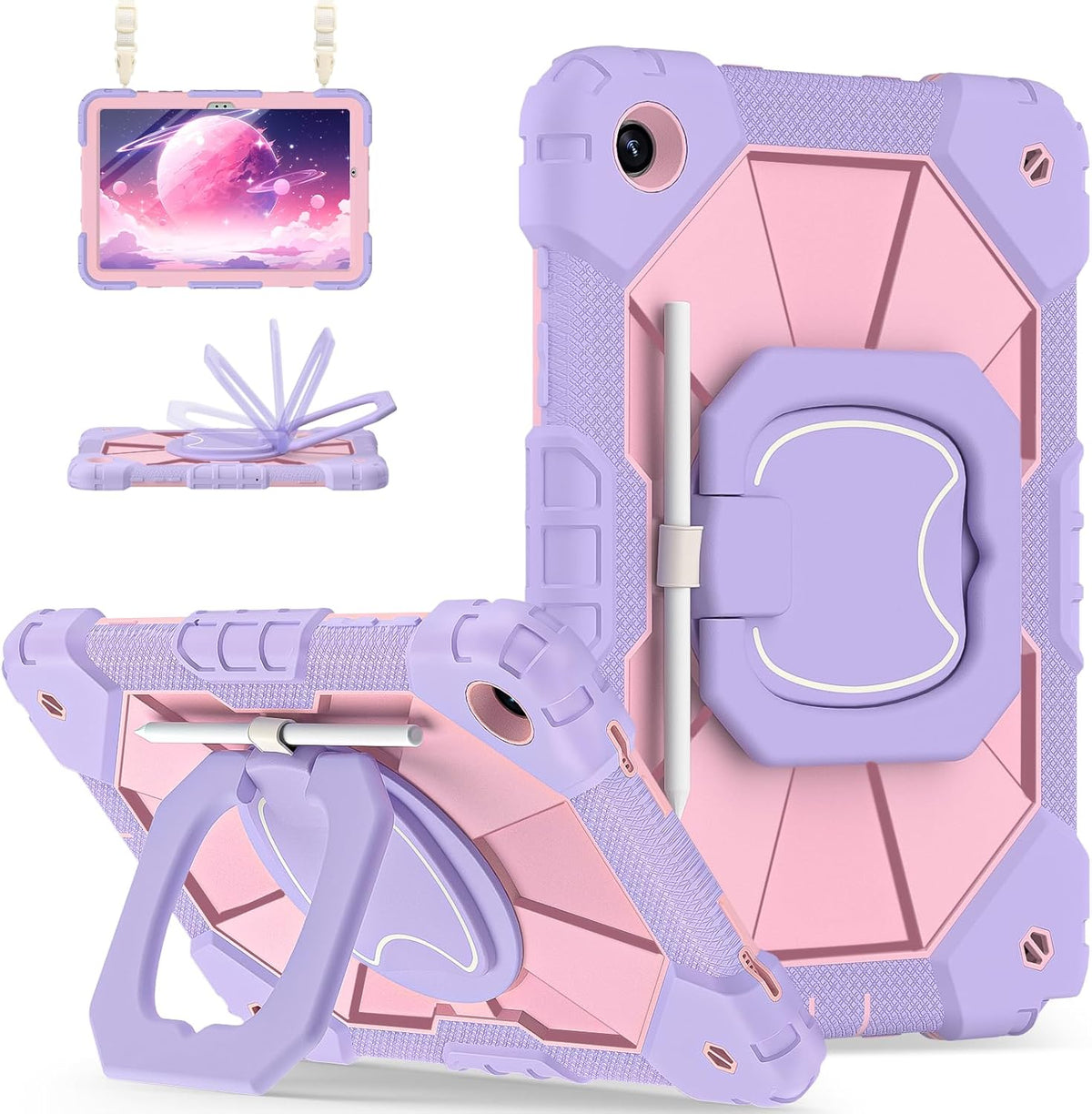 for Galaxy Tab A9 Plus Case 11 Inch, Rugged Case for Samsung Galaxy A9+ Tablet with Screen Protector 360 Rotating Stand Shoulder Strap Pen Holder, 2023 Model(SM-X210/X216/218), Purple Rose