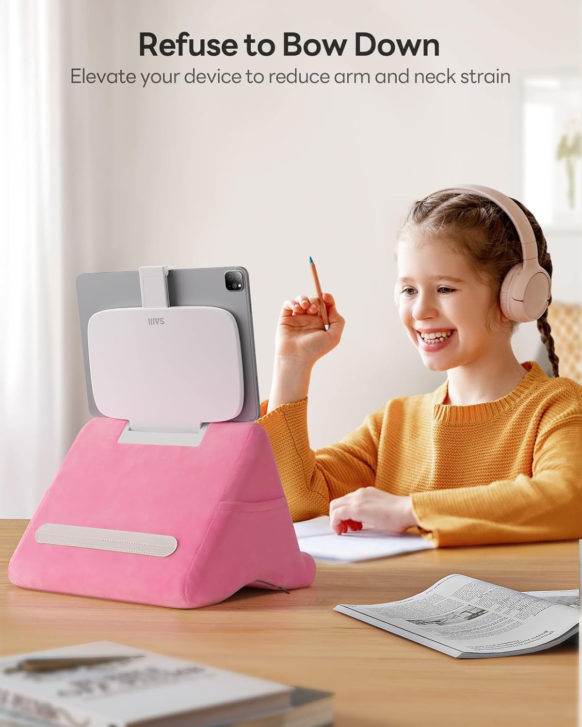 SAIJI Tablet Kindle Stand Pillow - iPad Holder for Lap Reading in Bed, with Lifter & Angle Adjustable Multi-Function Clip for 4-13" Tablets, iPad, Kindle, Phone, Pink