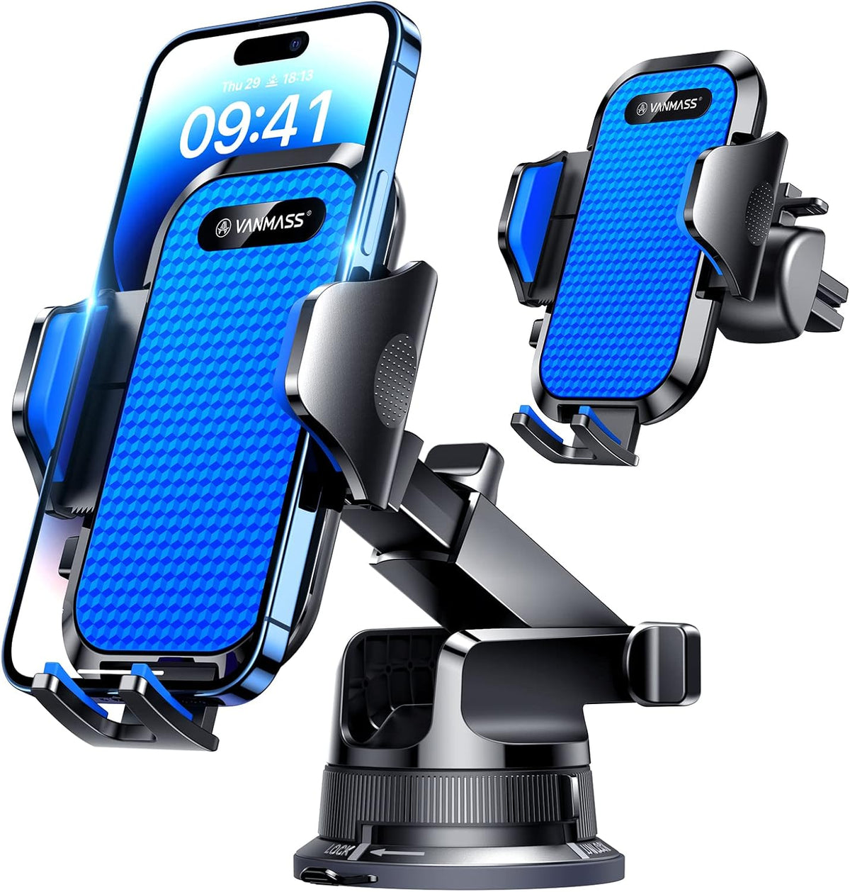 VANMASS [Pro Version] Universal Car Phone Mount [Super Suction Cup] Dashboard Phone Holder, Handsfree Windshield Dash Vent Phone Holder Car, Compatible for iPhone 16 15 14 13 Samsung LG & Truck,Blue