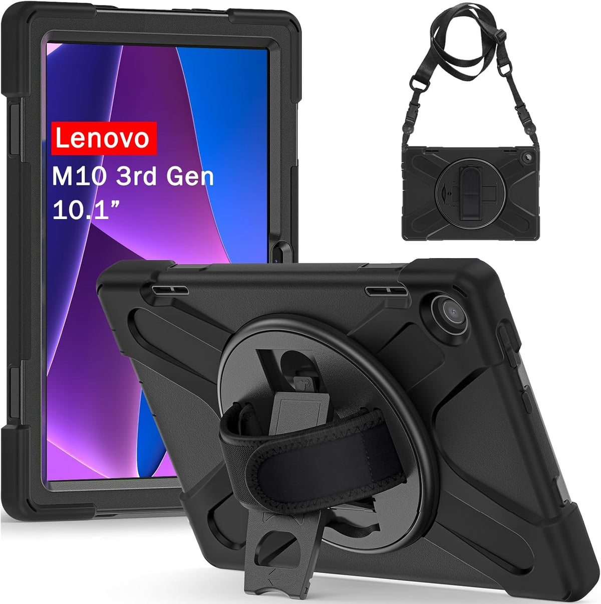 Junfire Shockproof Case for Lenovo Tab M10 3rd Gen 10.1 inch 2022, Heavy Duty Rugged Case with Hand Strap/360°Rotating Kickstand/Shoulder Belt for TB-326FU/TB-328XU,Black