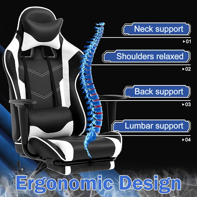 Gaming Chair with Massage &amp Footrest - Ergonomic Racing Office Chair for Adults Women Gamers - Adjustable Reclining PC Gaming and Home Office Desk Chair with Lumbar Support White
