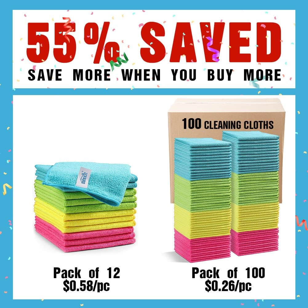 HOMEXCEL Microfiber Cleaning Cloth,100 Pack Cleaning Rags, Cleaning Towels with 4 Color Assorted, 11.5"X11.5" Shop Towels (Green/Blue/Yellow/Pink)