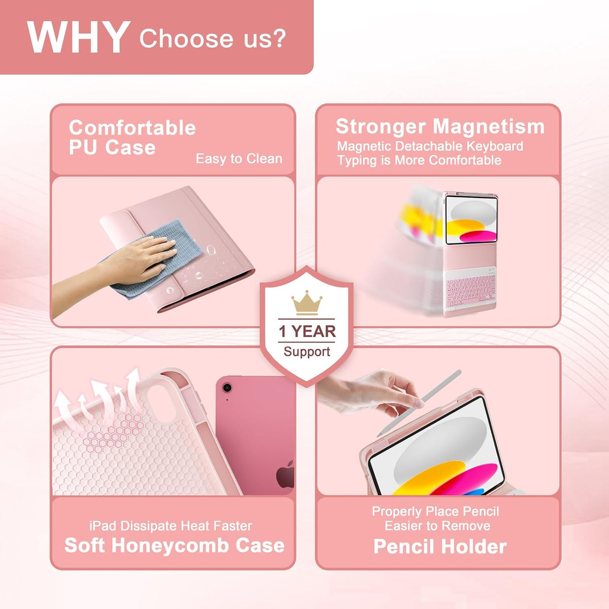 NOKBABO for iPad 11th 10th Generation Case with Keyboard, Magnetic Wireless Detachable Folio case with Pencil Holder, Keyboard for iPad 11th(A16,2025) & ipad 10th Generation(2022) - Light Pink