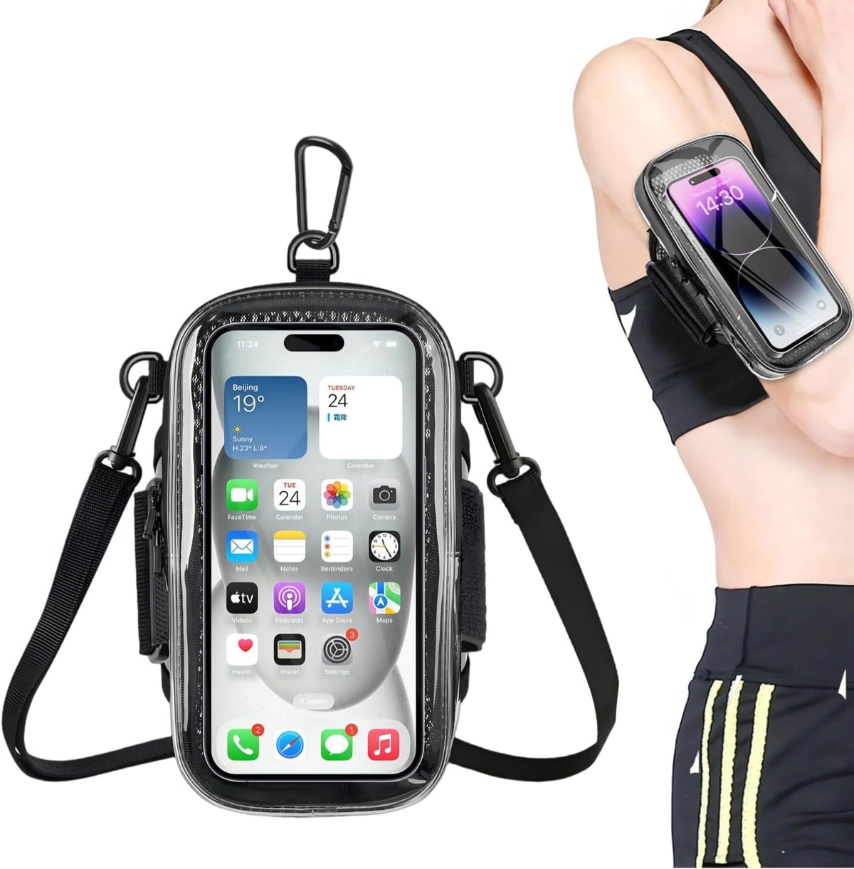Phone Holder for Running, 2-in-1 Arm Band Cross Bag for iPhone16 15 14 13 Plus Pro Max 12 11 X Samsung Android, Arm Bag with Key Card Pocket for Workout Gym Exercise Fitness (Dark Grey)