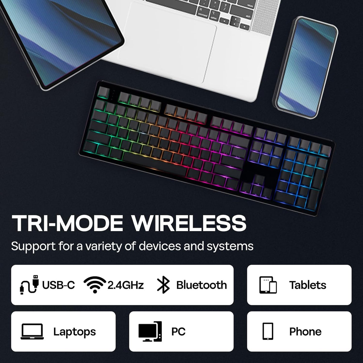 EPOMAKER TH108 Full Size Mechanical Keyboard, Wireless Gaming Keyboard with 8000mAh Battery, Creamy Gasket, 108 Keys, Hot Swap, Custom Driver, RGB Backlight (Black, Sea Salt Silent)