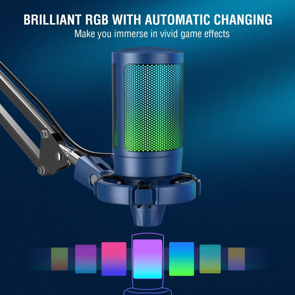 FIFINE USB Gaming Streaming Recording PC Microphone Kit, RGB Condenser Computer Mic Bundle for Podcasts, Audio, Vocal, Video on Mac/Desktop/Laptop, with Boom Arm Stand-A6T Blue
