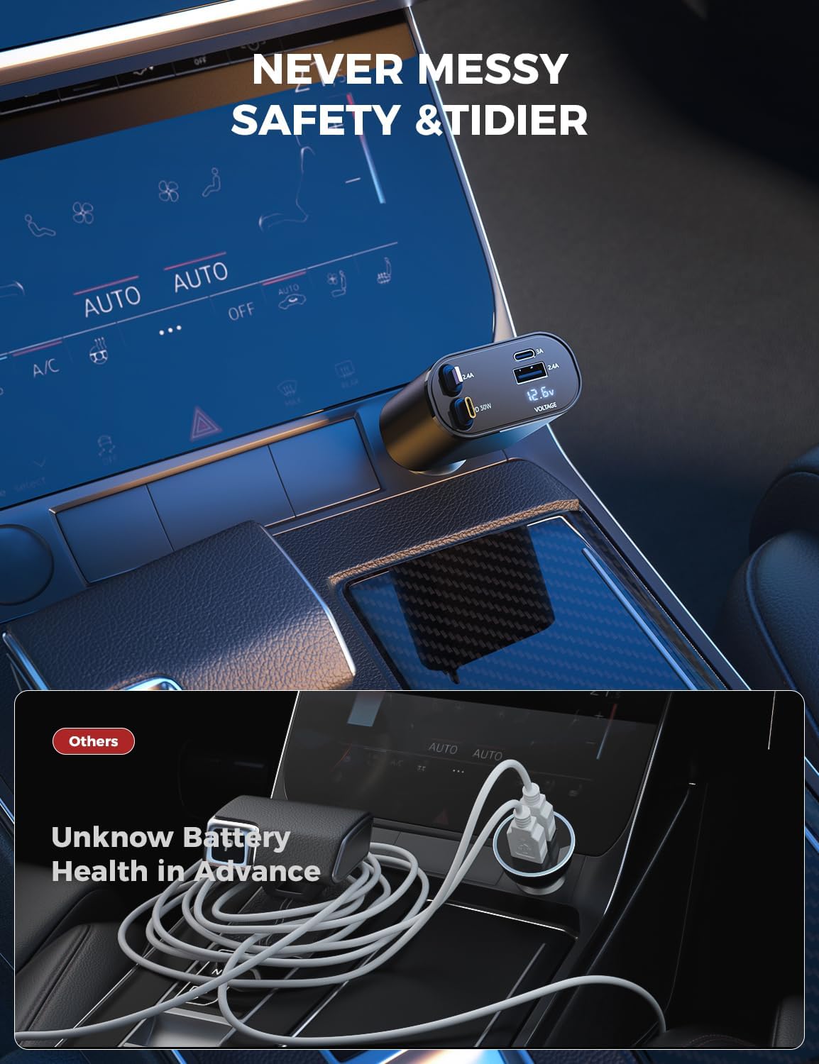 【Upgraded】 SUPERONE Retractable Car Charger 4 in 1, Fast Car Phone Charger with Cord 2.6ft, USB C and Apple Car Adapter, Compatible with iPhone 16 15/15 Pro Max/14/13/12/11, Galaxy, Pixel