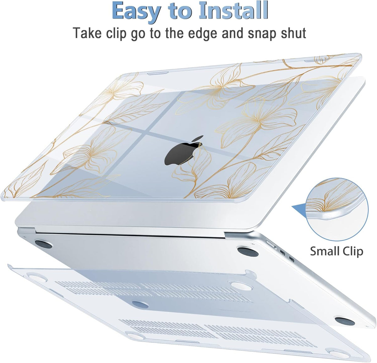 Mektron for 2025 MacBook Air 15 inch M4 Case A3241/ 2024 M3 A3114/ 2023 A2941 M2 Hard Printed Case with 15.3 Liquid Retina Display Touch ID, Plastic Hard Cover & Keyboard Skin- Gold Flower S718-Blue