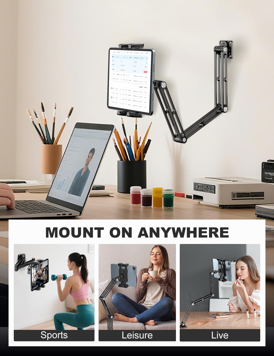 OHLPRO Aluminum Tablet Wall Mount Holder - 360° Adjustable & Extendable 3-Stage Arm for iPad Pro/Air/Mini, Galaxy Tab 5-13" | Heavy Duty Metal Stand for Kitchen, Office, Bedroom