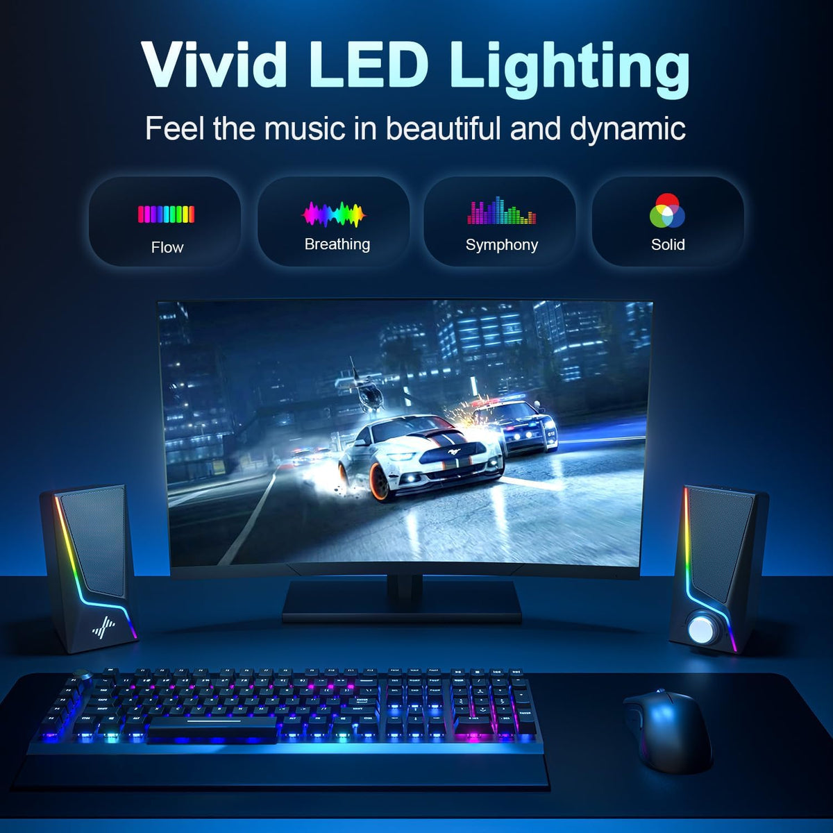 Nylavee Computer Speakers with Subwoofer, 2.1 Hi-Fi PC Speakers System with 6 Lighting Modes, Enhanced Bass, Plug and Play, USB/USB-C Powered and 3.5mm Aux in for Desktop, Monitor, Laptop, Tablet