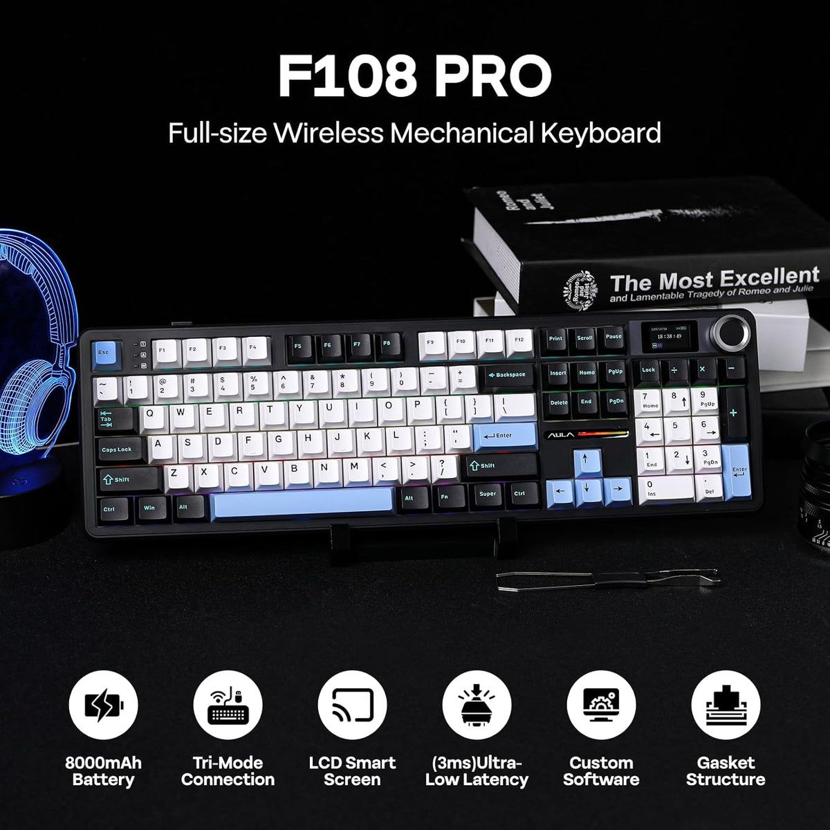 EPOMAKER X Aula F108 PRO Wireless Gaming Keyboard with Screen, 8000mAh Battery, 104 Hot-Swappable and Programmable Keys and Knob, RGB Backlight, for Mac/PC/Android (Blue&White&Black)
