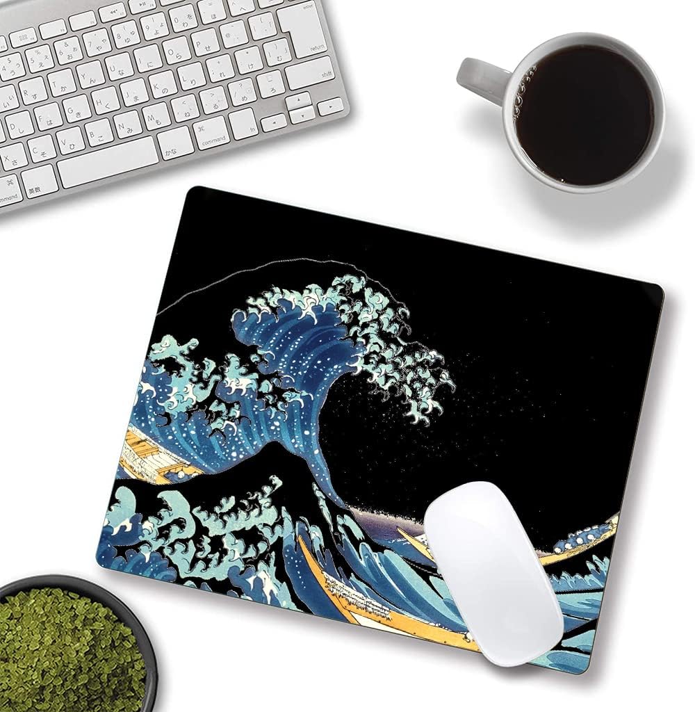 Japanese Sea Wave Mouse Pad, Square Mouse Mat Waterproof Non-Slip Rubber Base MousePads