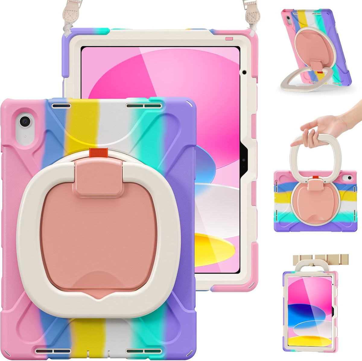 BRAECN Kids Case for iPad (A16) 11th/10th Generation 11”/10.9'' 2025/2022, Heavy Duty Rugged Silicone Cover with Screen Protector, Kickstand, Shoulder Strap, Pencil Holder & Ring Stand, Colorful Pink