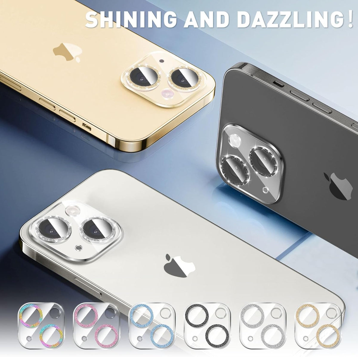 LucBuy 3PCS Sparkling Camera Lens Protector for iPhone 13/iPhone 13 Mini, Full Clear Acrylic Cover with Shiny Colorful Glitter Designed Decoration Back Camera Protector